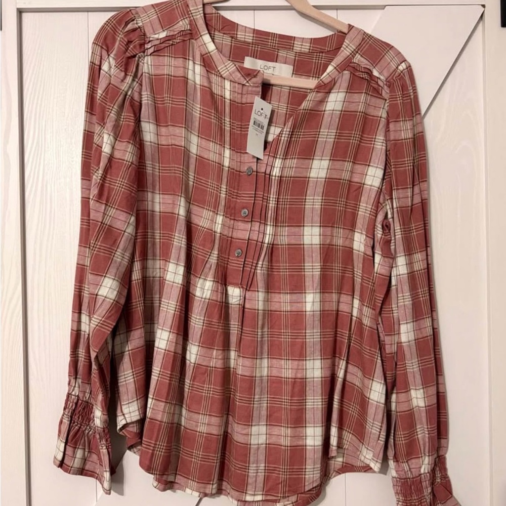 LOFT Plaid Blouse - Red and Cream